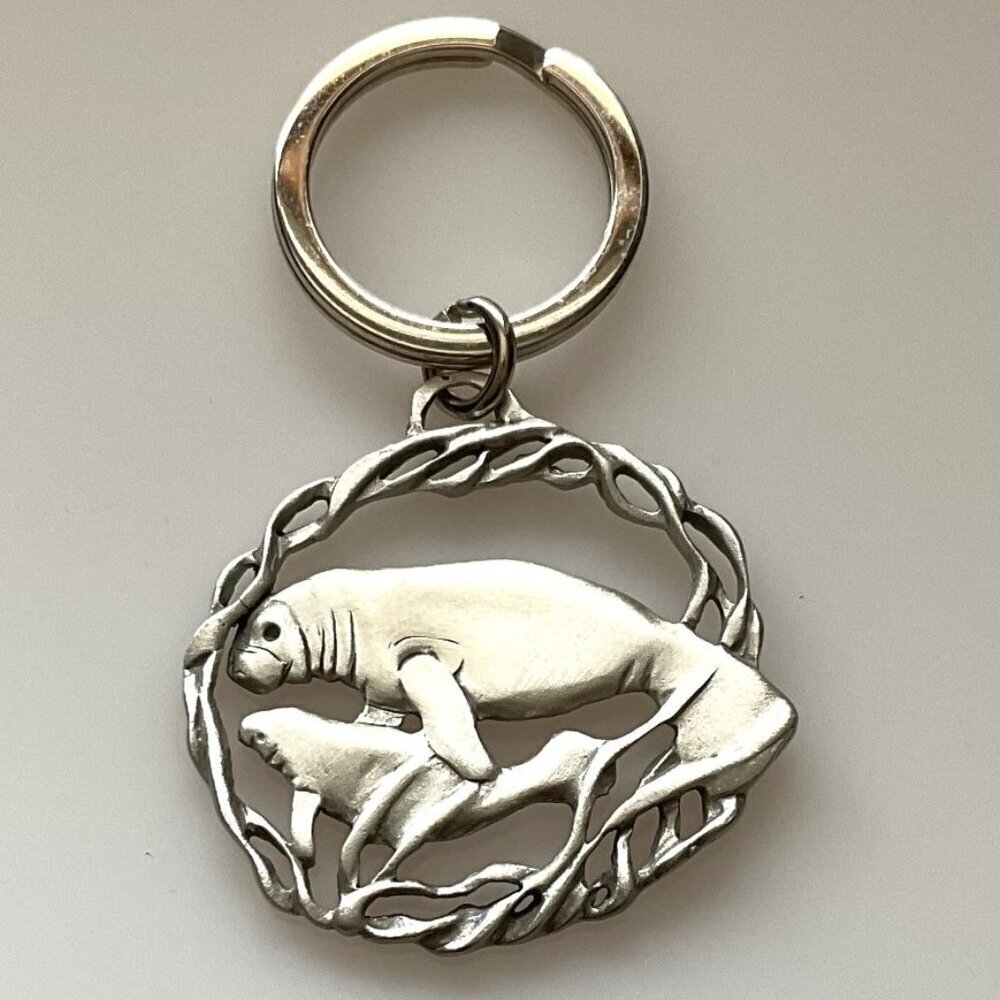 NEW MANATEE AND CALF PEWTER KEYCHAIN